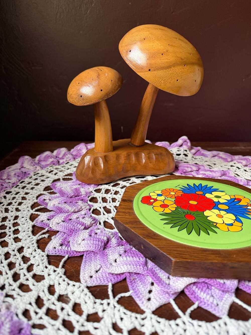 Vintage Monkey Pod Wood Mushroom Hors D'Oeuvres Holder
